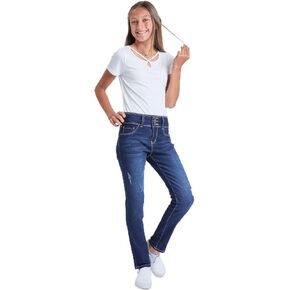 YMI Jeans Girls 3 Button Essential Skinny Jeans with Faux Front Pockets, Midnight Sky Blue Rips, 10