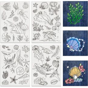 BENECREAT 4 Sheets 50pcs Ocean Theme Water Soluble Hand Sewing Stabilizers, Fish Shell Conch Whale Tear Away Embroidery Stabilizers for Embroidery, Carves, Shirts, Coats, Bags, Towels