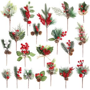 CCINEE 20 Pack Artificial Christmas Red Berry Picks Assorted Pine Branches Spray with Pinecones Holly Stems for Xmas Tree Decoration Floral Arrangement Winter Wreath Decor