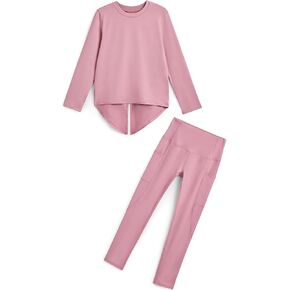 Girls' Activewear Set 2 Piece Long Sleeve Back Slit T-Shirt Leggings with Pockets Kids Athletic Tennis Golf Outfits