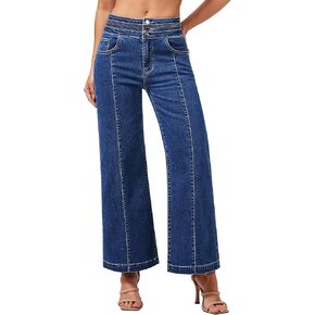 roswear Women's Wide Leg Cropped Jeans High Waisted Ankle Trouser Jeans Boyfriend Stretchy Front Seam Denim Pants in Kuwait