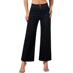 roswear Women's Wide Leg Cropped Jeans High Waisted Ankle Trouser Jeans Boyfriend Stretchy Front Seam Denim Pants