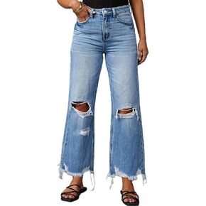 cffvdiz Women's Ripped Bell Bottom Jeans High-Rise Distressed Raw Edge Hem Boyfriend Wide Leg Denim Pants