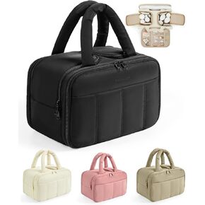 BAGSMART Travel Toiletry Bag, Puffy Large Toiletry Bag for Women, Lightweight Cosmetic Makeup Bag Organizer with Handle for Traveling, Accessories, Essentials, Toiletries (Black)