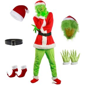 Adrinfly Christmas Big Monster Santa Suit for Adult Green Deluxe Santa Costume With Mask