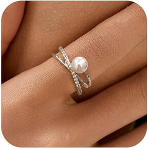 6mm Pearl Ring for Women Dainty X Criss Cross Gold Pearl Ring Stackable 925 Sterling Silver Cubic Zirconia Open Ring Promise Rings for Her Birthday Wedding Jewelry Gifts for Mom