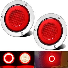 2pcs 4 inch Round LED Trailer Trucks Halo Brake Stop Running Turn Signal Tail Lights Red 64 LEDs w/Stainless Bezels Flange Mount Sealed Waterproof IP67 For RV/Van, DC 12V