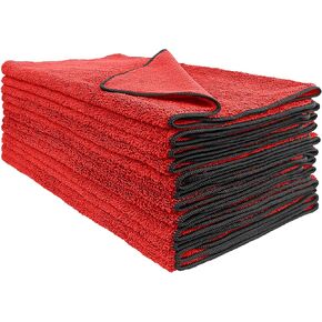 Detailer's Preference All-Purpose Dual Pile Terry Weave Microfiber Towels, Red with Black Trim, 380 GSM 16"x24", 12-Pack