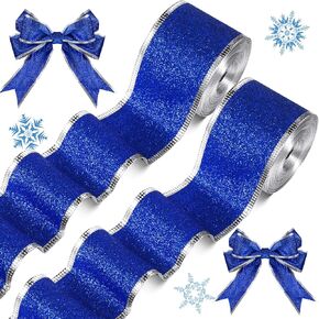 Unittype 2 Rolls 20 Yards Blue Ribbon for Christmas Tree Glitter Metallic Wired Ribbon Craft Gift Wrapping Christmas Tree Ribbon for DIY Xmas Party Bows Decorations Supplies(Blue, 1.5 Inches)