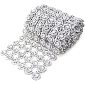 Honbay 4 Inch x 2 Yards Sparkling Silver Flower Shape Diamond Mesh Wrap Roll Faux Crystal Rhinestone Mesh Ribbon for Wedding, Birthday, Baby Shower, Arts & Crafts,etc