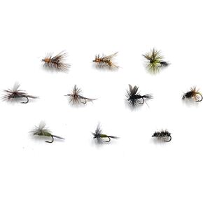 Feeder Creek Dry Fly Fishing Lures Assortment, 60 Flies for Trout, Bass, Salmon & Other Freshwater Fish, 10 Patterns (2 of Each), Size 14,16,18