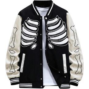 SOLY HUX Men's Varsity Jackets Y2k Baseball Bomber Jacket with Bone Graphic