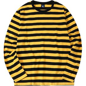 LEDING Mens Shirts Striped Cotton Spandex Crewneck Long Sleeve Black White Soft Elastic Cotton Basic Stripe tee Shirt