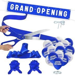 Grand Opening Blue Ribbon Cutting Ceremony Kit - 25" Giant Scissors with Blue Satin Ribbon, Banner, Balloons,Bows and More Supplies Grand Opening Decorations for Business