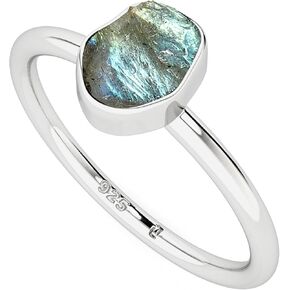 Natural Raw/Rough Labradorite Stackable Ring for Women in Sterling Silver, November Birthstone Jewelry Gifts for Her (Bezel-Set)
