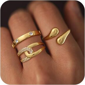 3Pcs Stackable Chunky Gold Ring Sets for Women Non Tarnish - Trendy 14K Gold Plated Thumb Statement Stacking CZ Band Rings Size 6-10