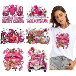 Breast Cancer Awareness Iron on Transfer Decals Pink Ribbon Iron on Patches for Clothes Ghost Pumpkin Heat Transfer Vinyl Stickers for T-Shirts Clothing Pillow Bag DIY Craft Appliques Decor 6 Sheets