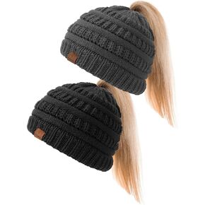 Pleneal Winter Beanie Hats for Women, High Ponytail Hole Stretch Knit Messy Bun Beanie Hat, Warm Soft Beanies with Tail Hole
