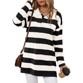Saodimallsu Womens Striped Sweater Collared Color Block Long Sleeve Button Knit Tunic Tops