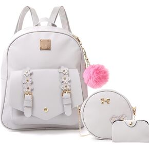 3 PCS Mini Backpack Purse for Women, Fashion Synthetic Leather Travel Daypacks, Cute Small Shoulder Bookbag with Pendant, Grey Casual Zipper Bags for Ladies Girls Gift