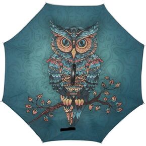 ALAZA Owl Print Gothic Boho Windproof Inverted Open Close Reverse Rain Umbrella Inside Out Quality Waterproof Parasol Upside Down Stick Shelter with Hook c Handle