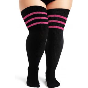 Plus Size Womens Thigh High Socks for Thick Thighs, Striped Over Knee Knit Leg Warmers, Extra Long High Stockings