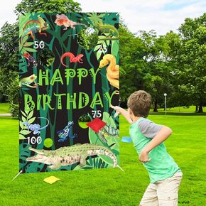 Reptile Animal Birthday Decoration Toss Game Banner Reptile Animal Throwing Game Banner with 3 Bean Bags Lizard Snake Turtle Alligator Animal Happy Birthday Banner Backdrop for Boy Girl Birthday Party