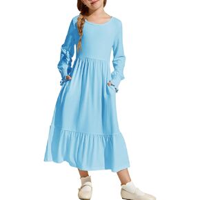 Haloumoning Girls Fall Long Sleeve Dresses Kids Boho Ruffle Tiered Midi Dress with Pockets 7-14 Years