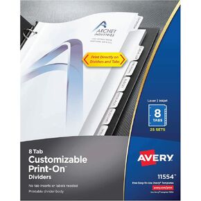 Avery 8-Tab Print-On Binder Dividers, White Tabs, 25 Sets (11554)