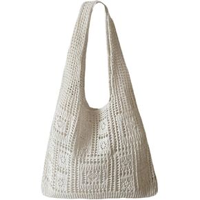 MakeMeChic Women's Crochet Hollow Out No Closure Double Handle Boho Shoulder Handbag