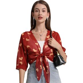 Womens Bolero Shrug Soft Chiffon Tie Front Sheer 3/4 Sleeve Cropped Cardigans for Dress