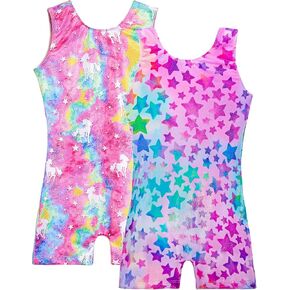 TENVDA 2 Pack Gymnastics Leotards for Girls 7-8 Years Old Sparkly Hotpink Stars and Unicorn Print Biketard Tumbling Unitard