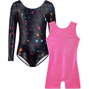 TENVDA Bundles of Gymnastics Leotards for Girls 4t 5t Sparkle Metallic Hot Pink and Black Stars Print Tumbling Outfit