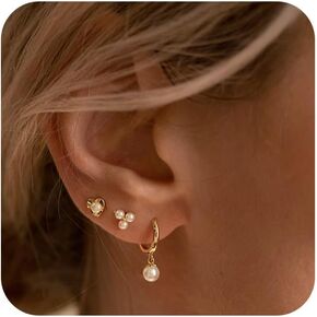 Ewrkbr Pearl Drop Earrings for Women, Dainty Gold Earrings Stack 14K Gold Plated Small Gold Huggie Hoop Earrings for Women Trendy Cute Pearl Earring Sets for Multiple Piercings Gold Jewelry for Women