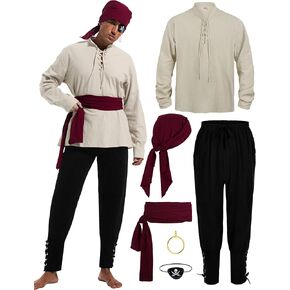 Halloween Pirate Costume Men,Medieval Shirt Renaissance Banded Pants Viking Sash Belt Eye Patch Earrings