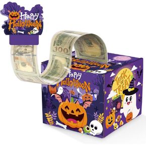 Halloween Money Pull Box for Cash Gifts - DIY Happy Halloween Surprise Gift Boxes with Pull Out Card and 50Pcs Transparent Bags Set for Kids Adults Halloween Birthday Party Supplies Favors Decorations
