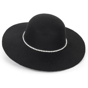 IZUS Elegant Women Soft-Brim Fedora-Hat with Rhinestone Ladies Black Derby Bowler-Hat Girls Floppy Felt-Church-Hat Small