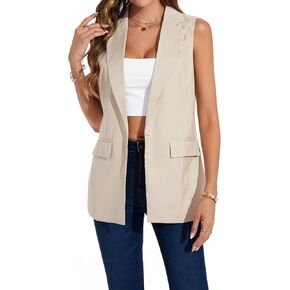 Women's Long Sleeveless Blazer Vests Casual Lapel Office Cardigans Vest Open Front Jacket Blazers