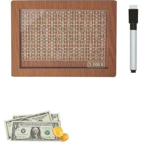 Adorable wooden piggy bank for all ages, with a wipeable acrylic panel and Pen. Built-in counter helps track savings goals for friends ($10000), Brown