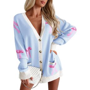 Saodimallsu Womens Oversized Cardigan Sweaters Bow Printed Button V Neck Long Sleeve Loose Knit Fall Trendy Coats