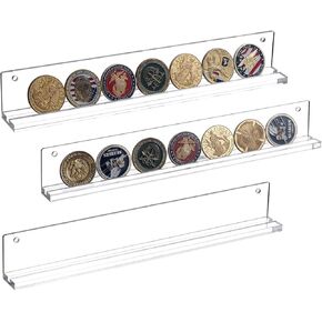 MyGift Wall Mounted Premium Black Acrylic Challenge Coin Holder, Casino Chip Collectors Display Rack, Single Row Military Coins Collection Shelf, Set of 3