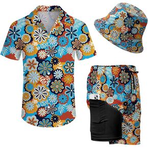 Mens 3 Piece Tracksuit Funny Hawaiian Shirt and Shorts Button Down Beach Shirts for Men with Bucket Hats