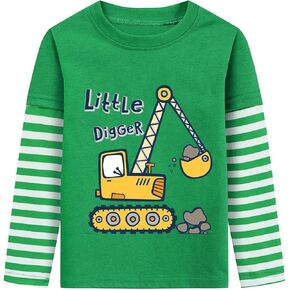 DDSOL Toddler Boy Long Sleeve Shirt Ball Dino Train Planet Excavator Stripe Long Sleeve Tops for Kids 2-7 Years