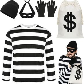 QZYL Robber Costume Set, Unisex Thief Cosplay T Shirt Beanie Cap Gloves Eye Masks Money Bags for Halloween