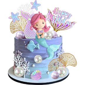 DRWATE Mermaid Cake Toppers with 3D Mermaid Shell Starfish Fishtail Balls for Kids Girls Birthday Party Baby Shower Supplies (Style1)