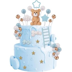 46 PCS 3D Bear Balls Cake Toppers Brown Teddy Bear for Birthday Party Wedding Baby Shower Supplies(Blue)