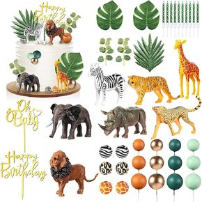 Tallew 42 Pcs Jungle Animal Cake Topper Safari Animal Cake Decoration Lion Zebra Giraffe Elephant Tiger Figure Toys Eucalyptus Palm Leaves Cake Topper for Wild Zoo Birthday Party Supplies