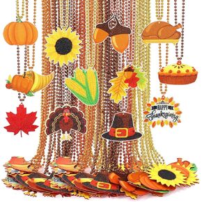 Tondiamo 54 Pcs Thanksgiving Day Beads Necklaces Fall Retro Neon Beaded Necklaces Turkey Pumpkin Pendants Disco Rock Music Necklaces Bulk for 1980s Party Favors Costume Accessories