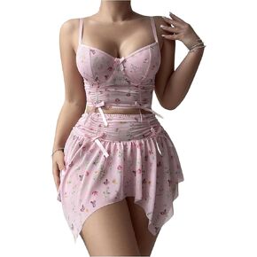 MakeMeChic Women's 3 Piece Lingerie Set Floral Print Bow Knot Ruched Bra Thongs Mini Skirt Sets