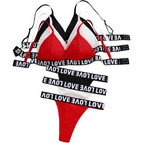 SHENHE Women's 6 Piece Lingerie Sets Letter Print Ribbed Triangle Wireless Bra and Panty Sets